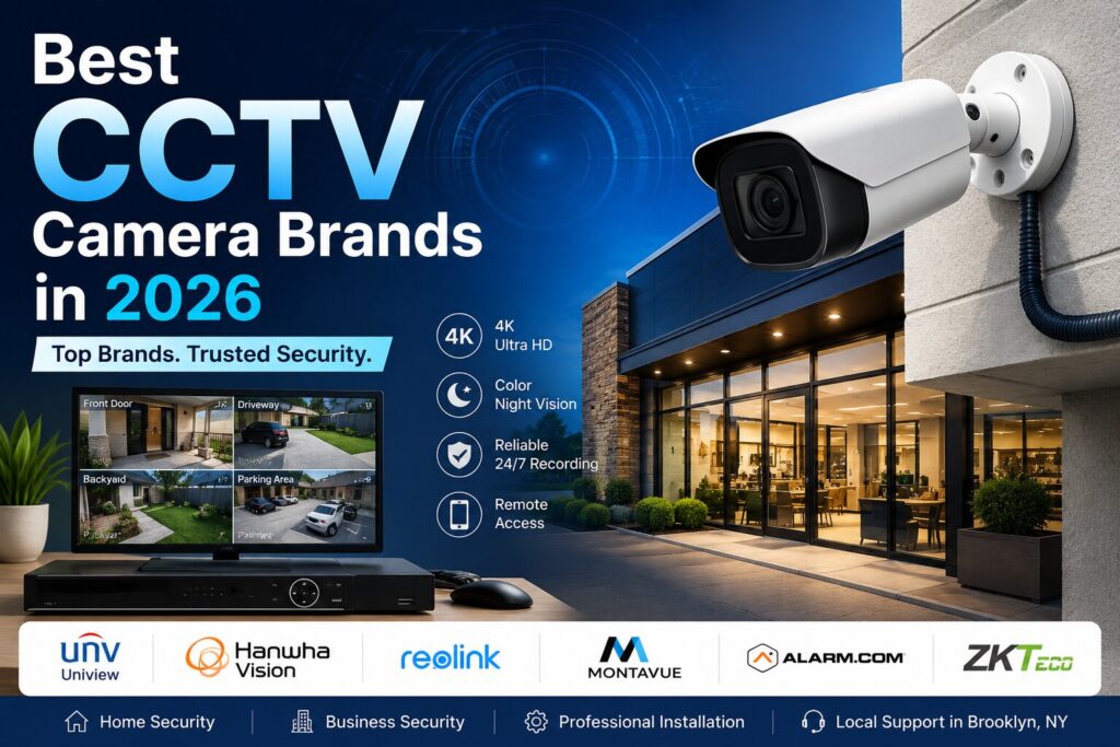 Wired security camera installed outside a Brooklyn home, recommended by Secure IT Global for 2026 CCTV systems