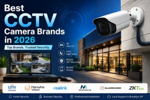 Wired security camera installed outside a Brooklyn home, recommended by Secure IT Global for 2026 CCTV systems