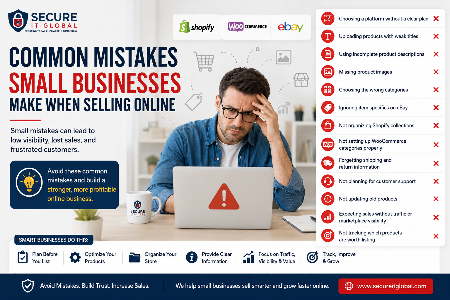 Common mistakes small businesses make when selling online with Shopify, WooCommerce, and eBay