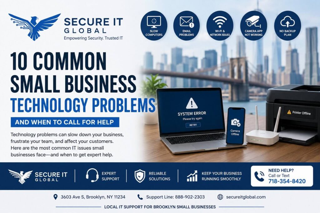 Common small business technology problems including slow computers, WiFi issues, email problems, security camera troubleshooting, and data backup for Brooklyn businesses.