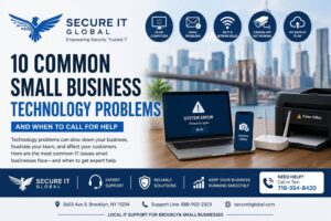 Common small business technology problems including slow computers, WiFi issues, email problems, security camera troubleshooting, and data backup for Brooklyn businesses.
