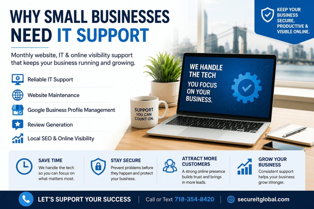 Monthly website, IT, and online visibility support for small businesses in Brooklyn covering Google Business Profile, reviews, and security camera help