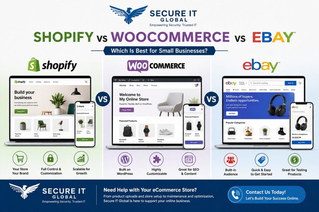Shopify vs WooCommerce vs eBay comparison showing the best eCommerce platform for small businesses