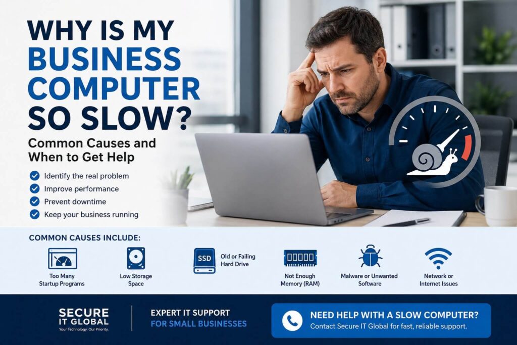 Slow business computer troubleshooting infographic showing common performance issues such as low storage, outdated hard drives, insufficient RAM, malware, Windows problems, and network connectivity issues for small business computer repair and support