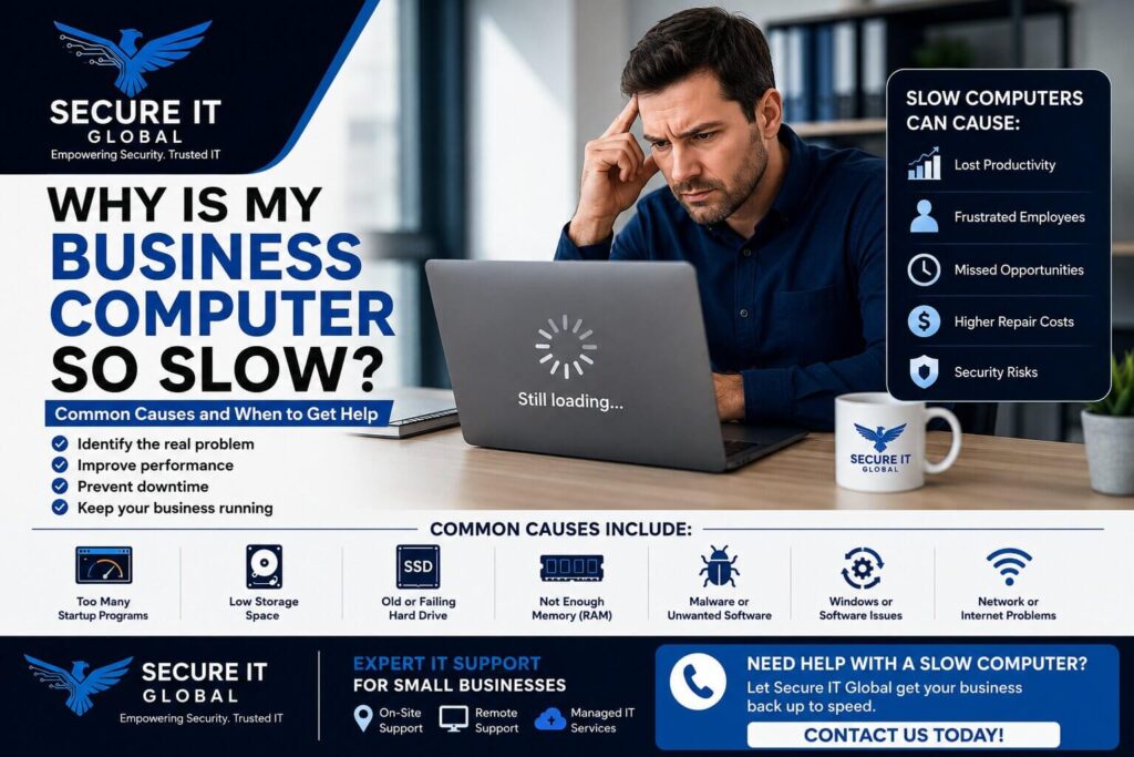 Why is my business computer so slow? Business owner troubleshooting a slow work computer with common causes including startup programs, low storage, SSD, RAM, malware, and network issues.