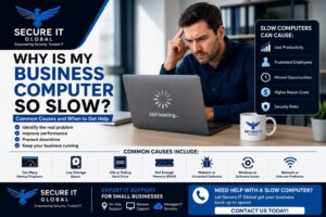 Why is my business computer so slow? Business owner troubleshooting a slow work computer with common causes including startup programs, low storage, SSD, RAM, malware, and network issues.